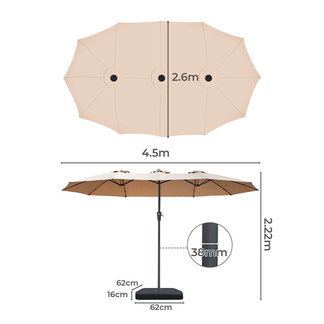 Centra 4.5M Double-sided Patio Umbrella Outdoor Umbrella Base Stand Khaki-2018816843380297730