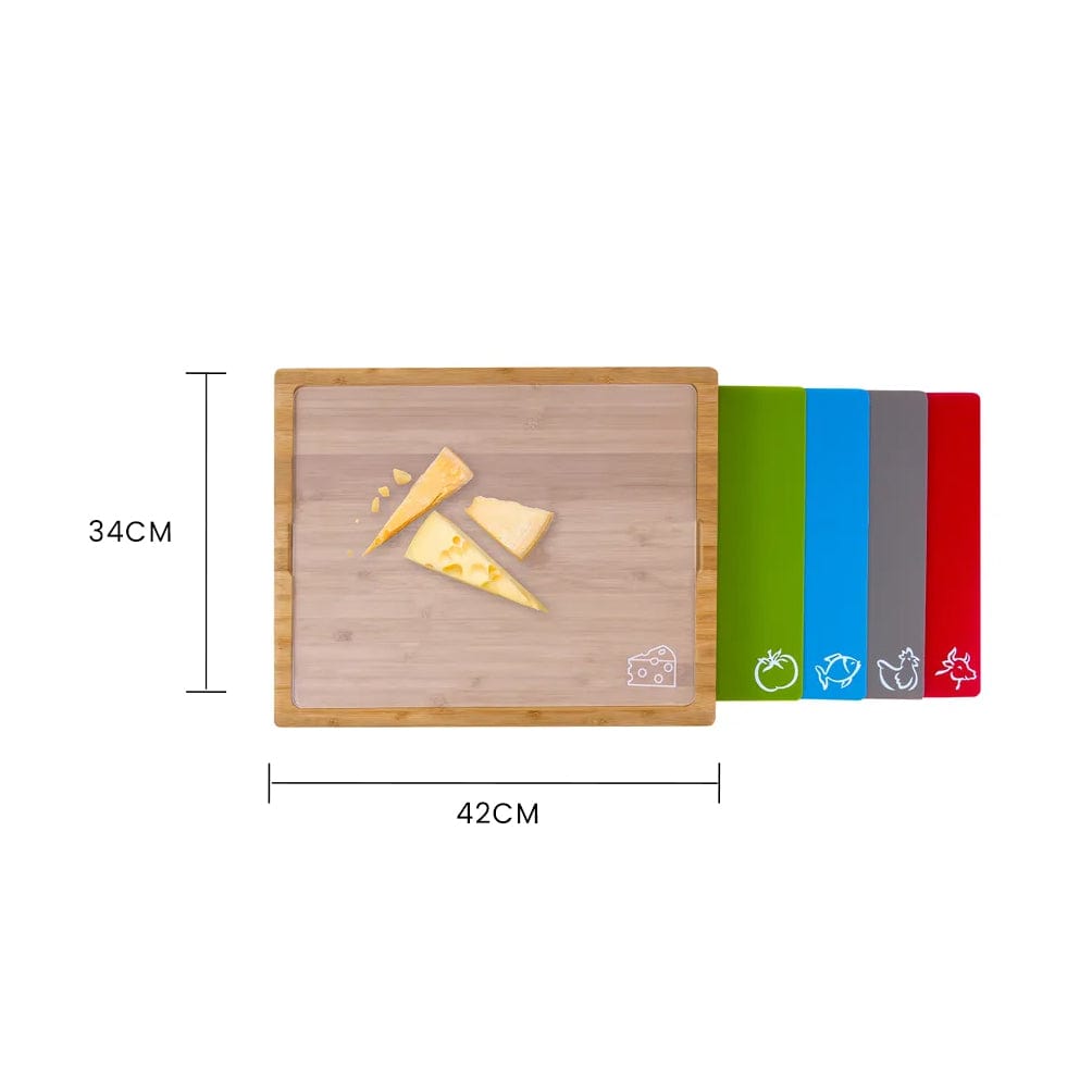 Bamboo Chopping Board With 5 Pcs Color Coded Flexible Cutting Mats - 12